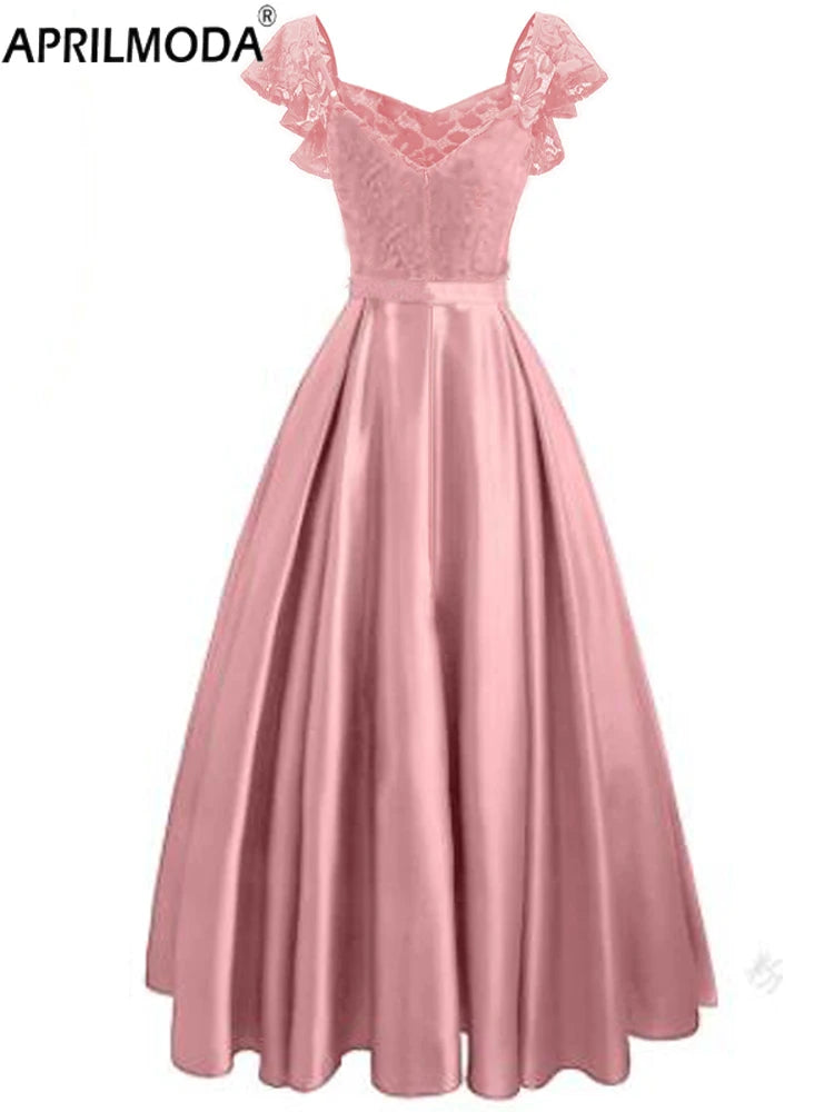 Elegant Gorgeous Pink turquoise Ruffle Sleeve Party Satin Long Dress Lace Prom Gowns Wedding Lady Autumn Evening Maxi Dresses