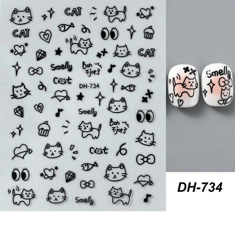 4pcs Cartoon Cute Cat Nail Art Sliders 3D Graffiti Dog Rabbit Heart Star Nail Sticker Kawaii Flower Butterfly Bow Manicure Decal