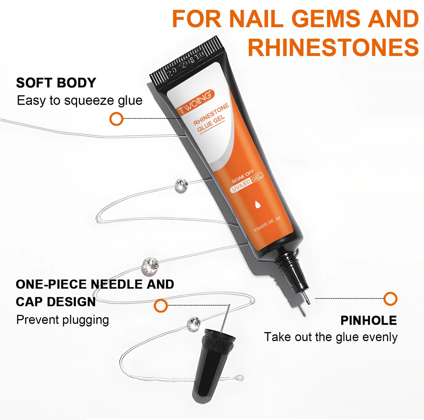 15mL Gel Nail Glue for Rhinestones for Nails Super Adhesive NO Wipe Nail Gem Glue for Nail Crystals Beads Diamonds Sticker 3D
