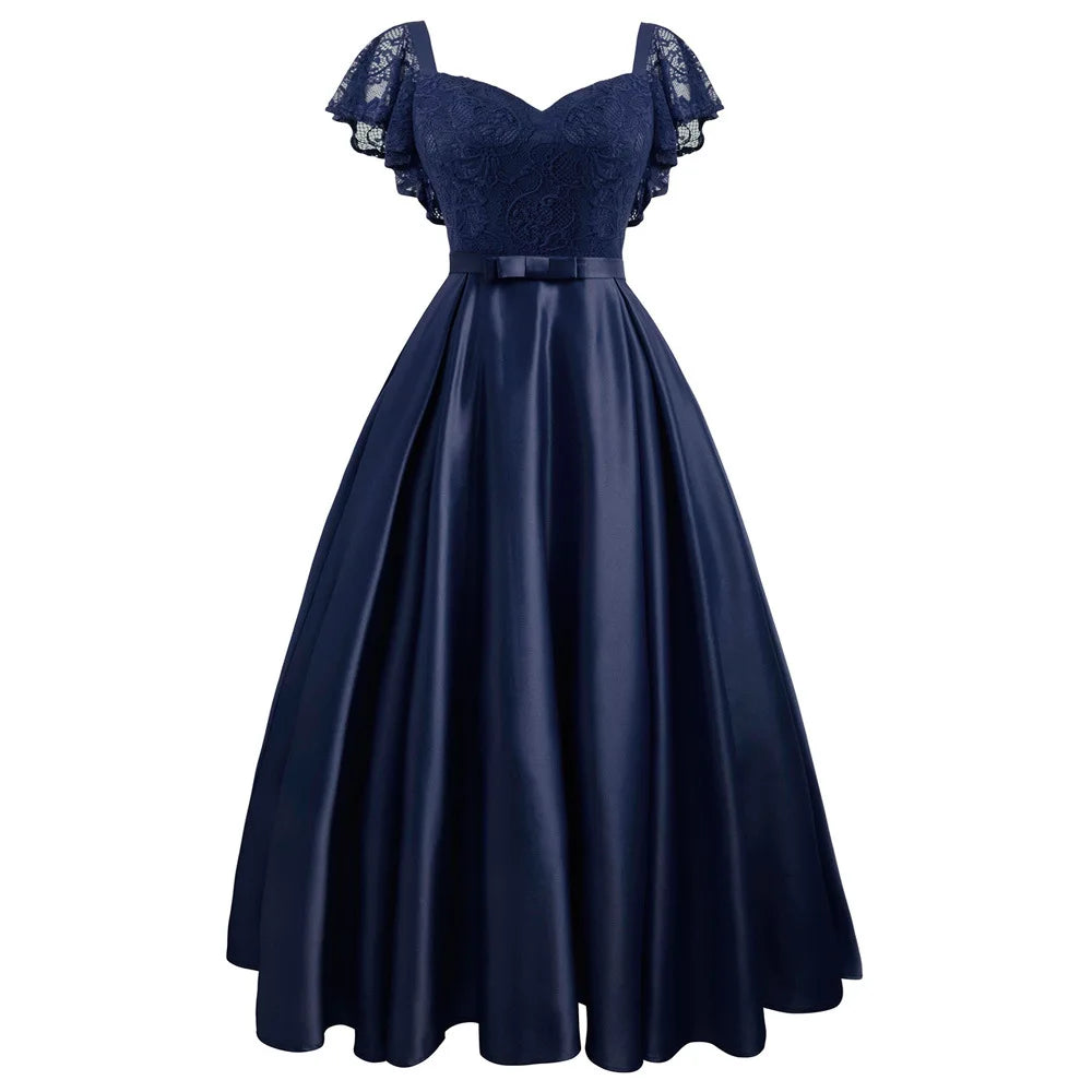 Elegant Gorgeous Pink turquoise Ruffle Sleeve Party Satin Long Dress Lace Prom Gowns Wedding Lady Autumn Evening Maxi Dresses