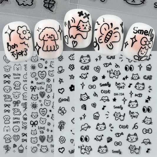 4pcs Cartoon Cute Cat Nail Art Sliders 3D Graffiti Dog Rabbit Heart Star Nail Sticker Kawaii Flower Butterfly Bow Manicure Decal