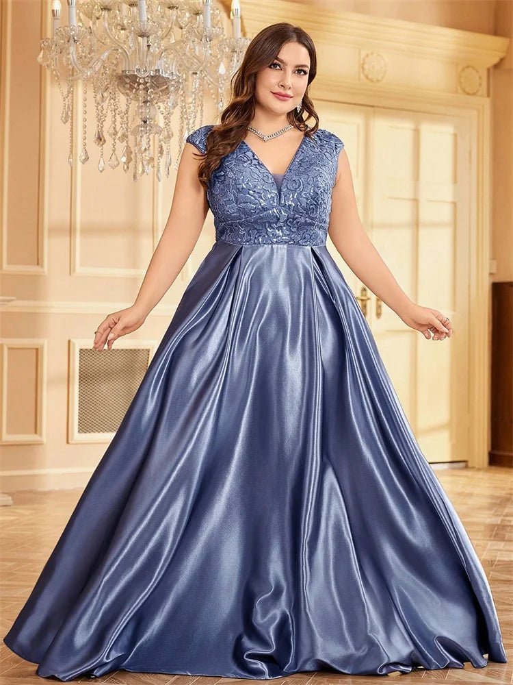 Plus Size Luxury Gold Satin V-Neck Evening Dress Women Sequin Wedding Party Prom Floor Lenght Cocktail Dress Gowns