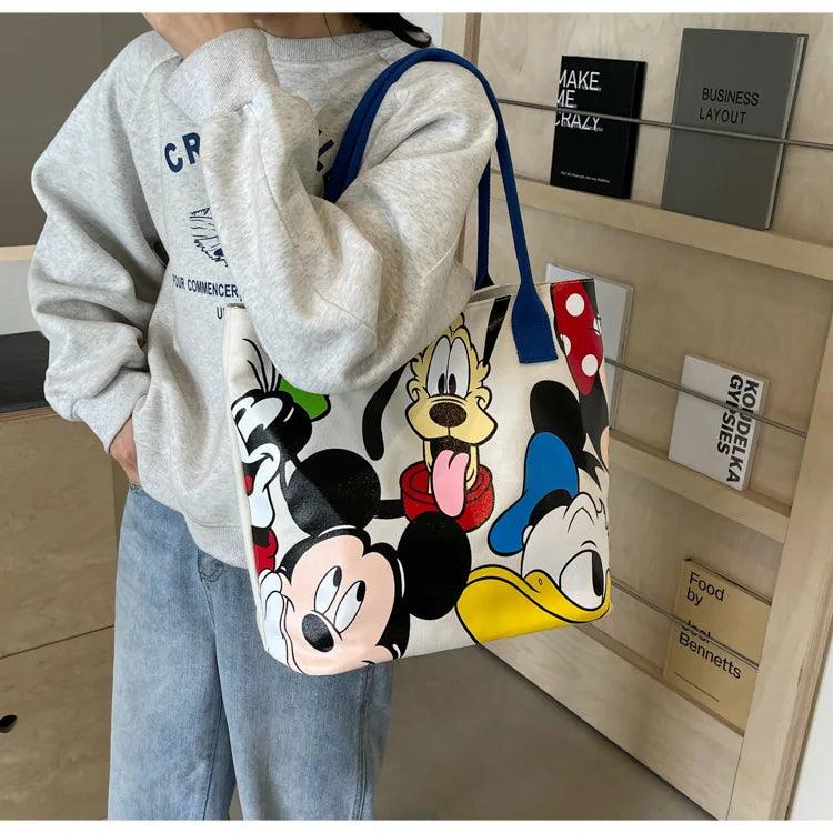DisneyCartoon Mickey Fashion Versatile LargeCapacity Canvas Shoulder Bag Women's Casual Versatile Tote Bag Student Class Handbag