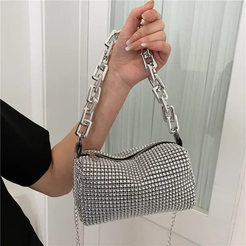 Allover Rhinestone Bucket Bag, Glitter Chain Prom Purse, Women's Mini Crossbody Bag