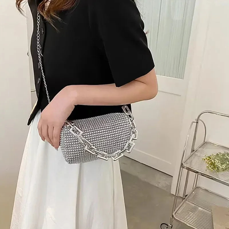 Allover Rhinestone Bucket Bag, Glitter Chain Prom Purse, Women's Mini Crossbody Bag