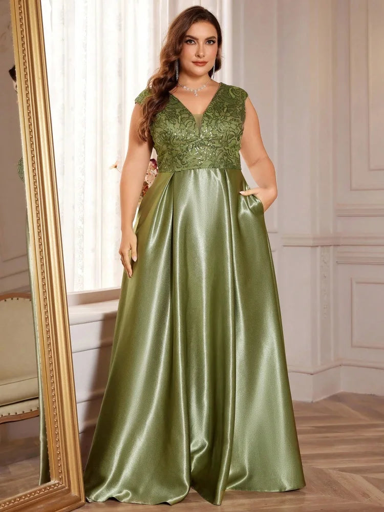 Plus Size Luxury Gold Satin V-Neck Evening Dress Women Sequin Wedding Party Prom Floor Lenght Cocktail Dress Gowns