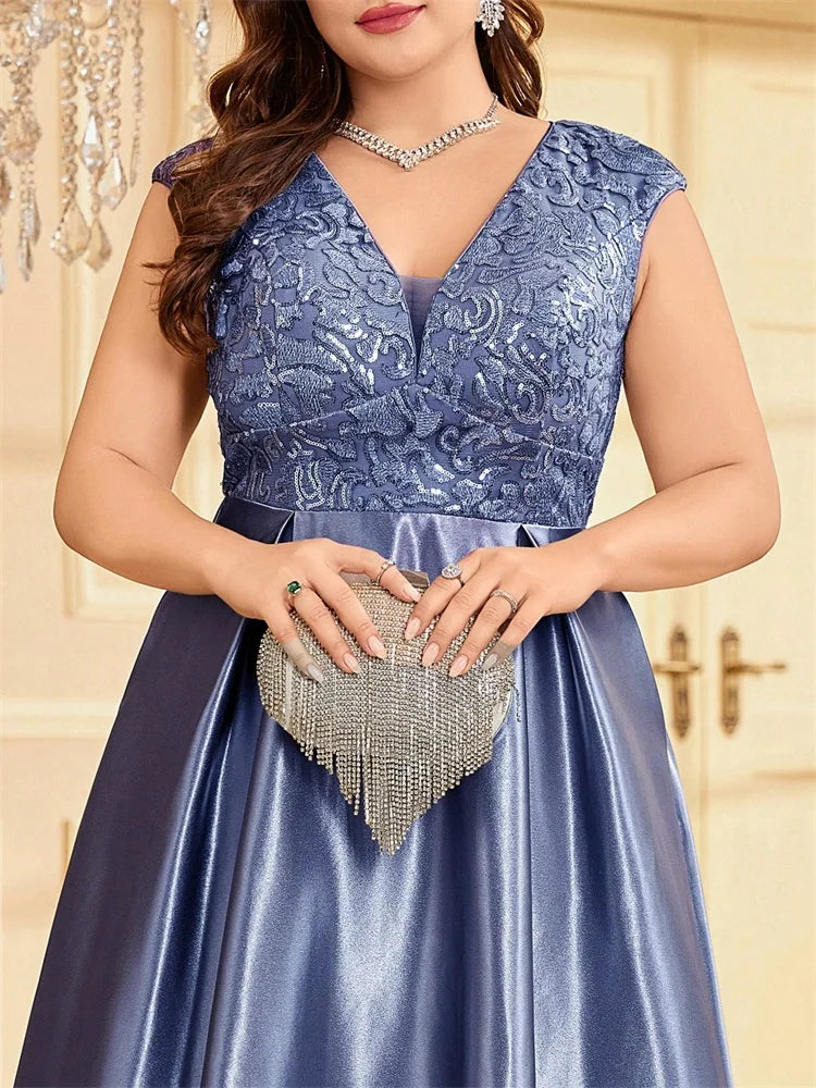 Plus Size Luxury Gold Satin V-Neck Evening Dress Women Sequin Wedding Party Prom Floor Lenght Cocktail Dress Gowns