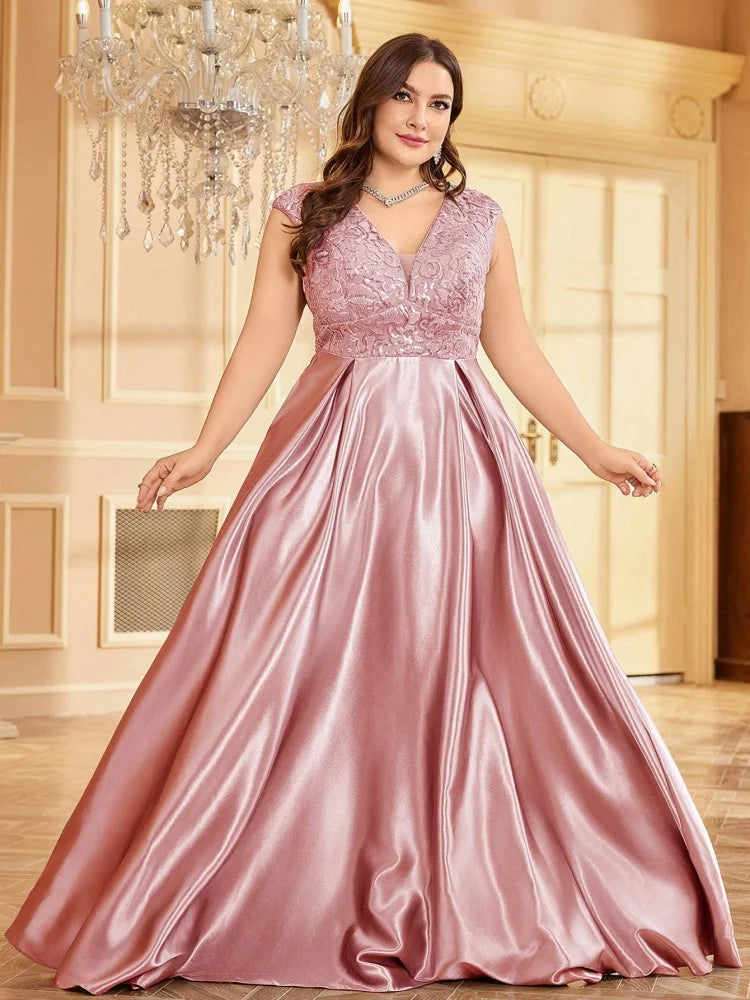 Plus Size Luxury Gold Satin V-Neck Evening Dress Women Sequin Wedding Party Prom Floor Lenght Cocktail Dress Gowns