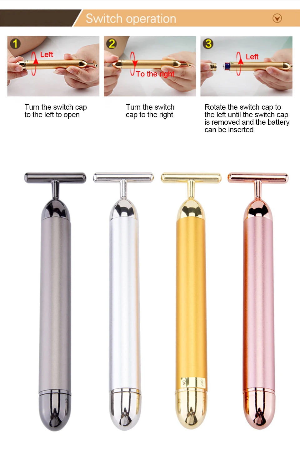 24K Gold T Beauty Roller Energy Roller Electric Face-lifting Facial Massage Beauty Tools Waterproof Vibrating Face Care Stick