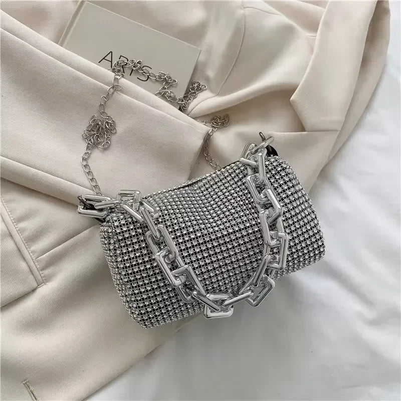 Allover Rhinestone Bucket Bag, Glitter Chain Prom Purse, Women's Mini Crossbody Bag
