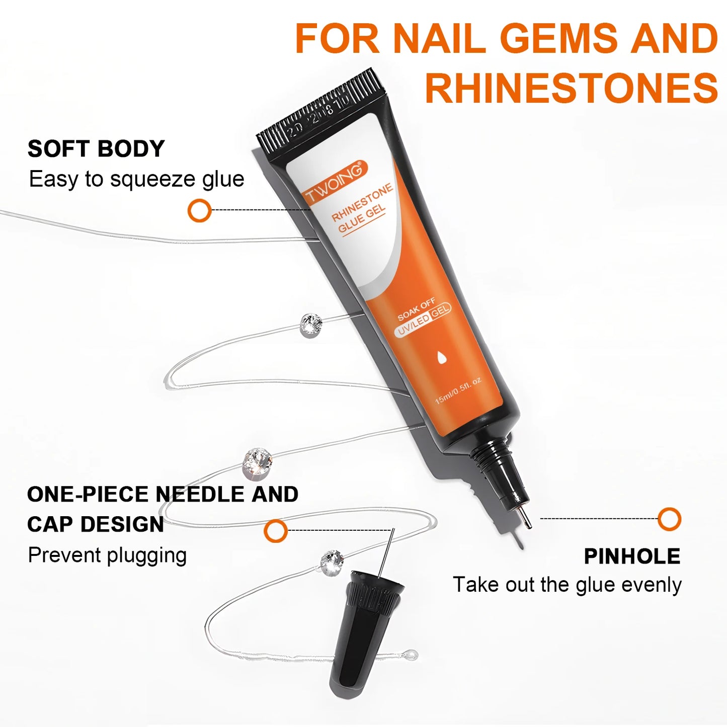 15mL Gel Nail Glue for Rhinestones for Nails Super Adhesive NO Wipe Nail Gem Glue for Nail Crystals Beads Diamonds Sticker 3D