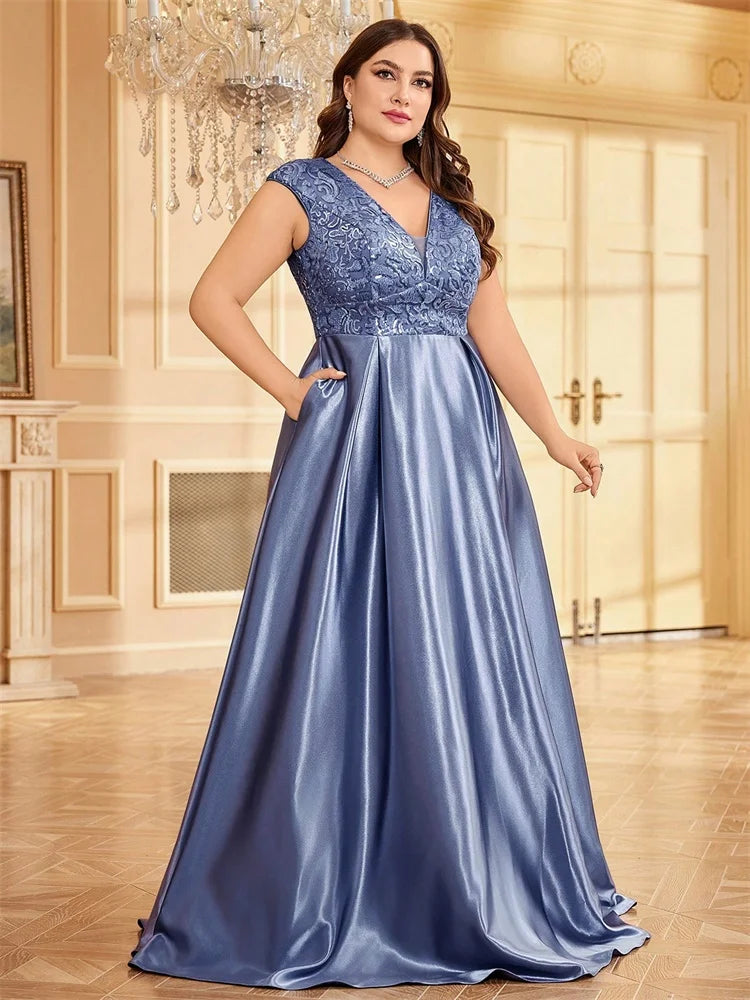 Plus Size Luxury Gold Satin V-Neck Evening Dress Women Sequin Wedding Party Prom Floor Lenght Cocktail Dress Gowns