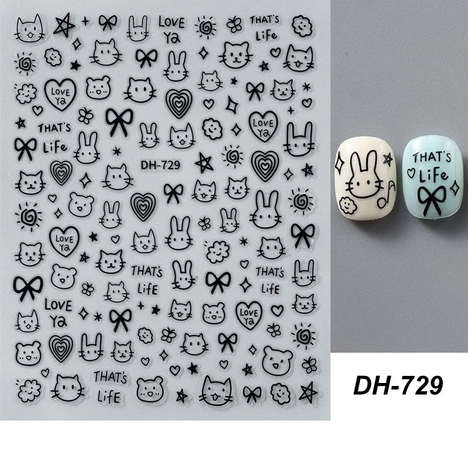 4pcs Cartoon Cute Cat Nail Art Sliders 3D Graffiti Dog Rabbit Heart Star Nail Sticker Kawaii Flower Butterfly Bow Manicure Decal