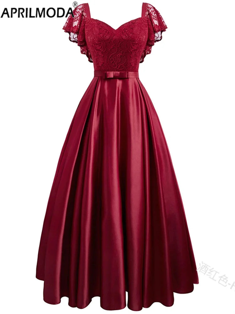 Elegant Gorgeous Pink turquoise Ruffle Sleeve Party Satin Long Dress Lace Prom Gowns Wedding Lady Autumn Evening Maxi Dresses