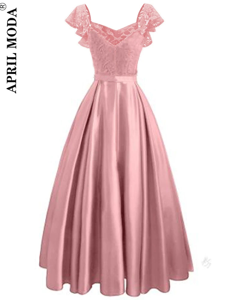 Elegant Gorgeous Pink turquoise Ruffle Sleeve Party Satin Long Dress Lace Prom Gowns Wedding Lady Autumn Evening Maxi Dresses