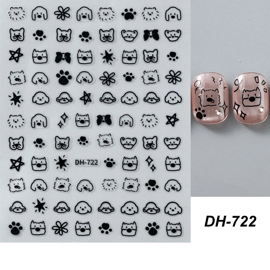 4pcs Cartoon Cute Cat Nail Art Sliders 3D Graffiti Dog Rabbit Heart Star Nail Sticker Kawaii Flower Butterfly Bow Manicure Decal