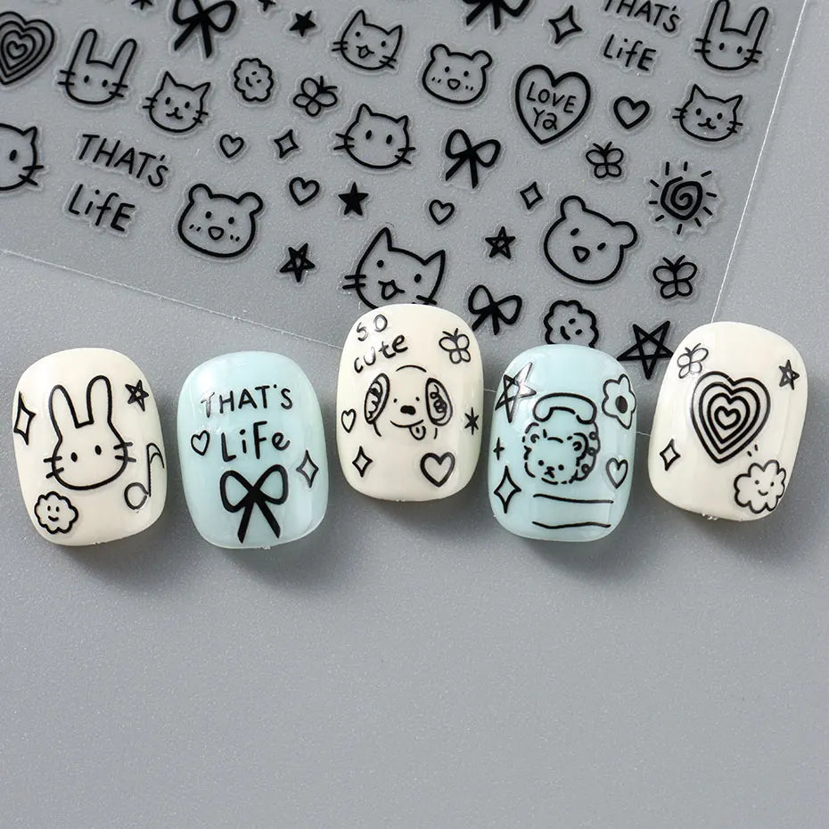 4pcs Cartoon Cute Cat Nail Art Sliders 3D Graffiti Dog Rabbit Heart Star Nail Sticker Kawaii Flower Butterfly Bow Manicure Decal