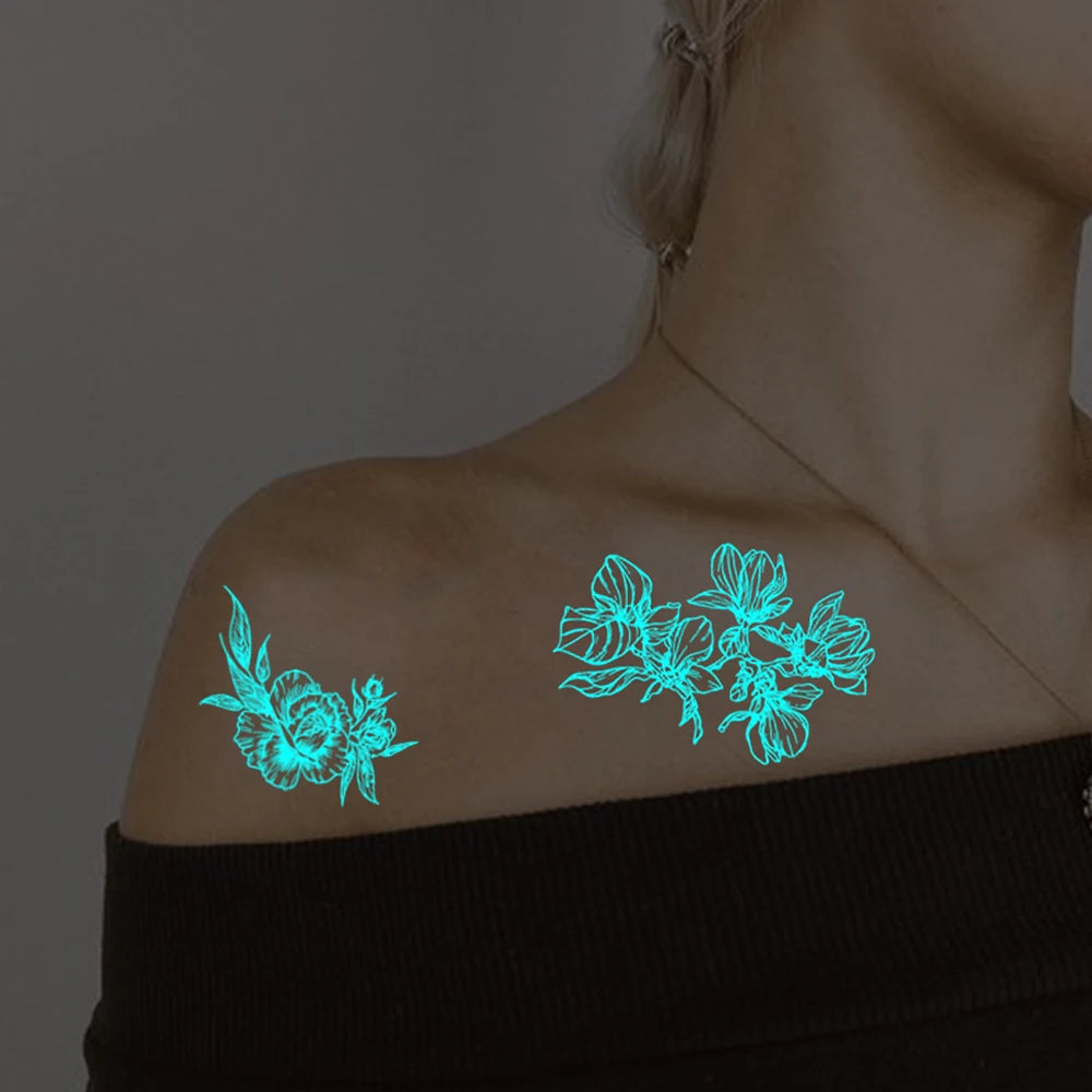 4pcs Blue Luminous Waterproof Temporary Tattoo Sticker Geometric Butterfly Flower Rose Moon Women Men Arm Body Art Fake Tattoos