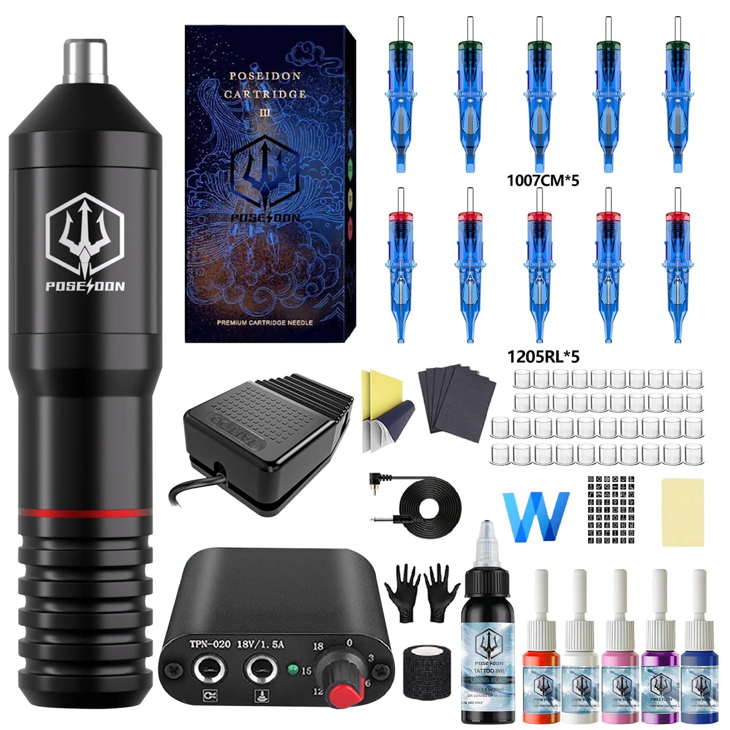 Tattoo Kit POSEIDON High Power Tattoo Pen Kit For Permanent Makeup Tattoo Machine Kit High Quality Tattoo Power Supply Tattoo Gu