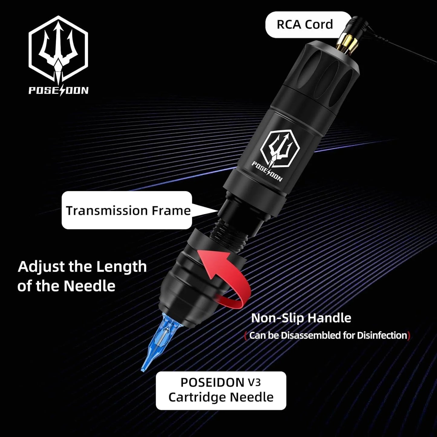 Tattoo Kit POSEIDON High Power Tattoo Pen Kit For Permanent Makeup Tattoo Machine Kit High Quality Tattoo Power Supply Tattoo Gu