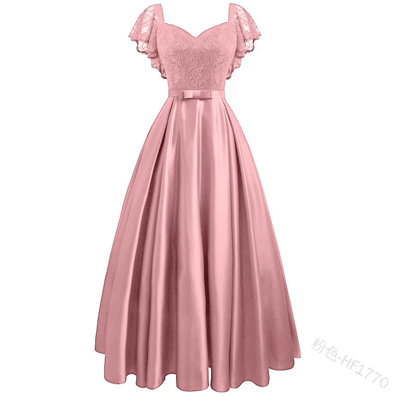 Elegant Gorgeous Pink turquoise Ruffle Sleeve Party Satin Long Dress Lace Prom Gowns Wedding Lady Autumn Evening Maxi Dresses