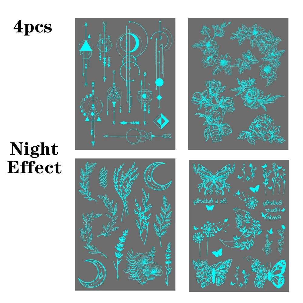 4pcs Blue Luminous Waterproof Temporary Tattoo Sticker Geometric Butterfly Flower Rose Moon Women Men Arm Body Art Fake Tattoos
