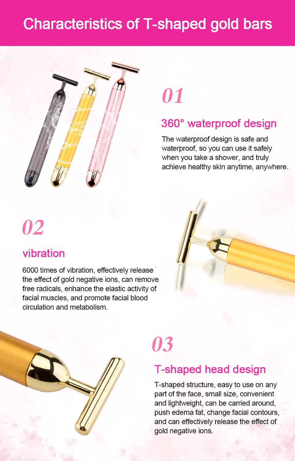 24K Gold T Beauty Roller Energy Roller Electric Face-lifting Facial Massage Beauty Tools Waterproof Vibrating Face Care Stick