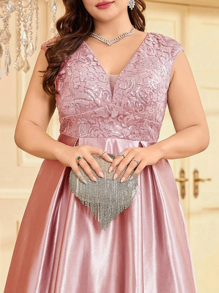Plus Size Luxury Gold Satin V-Neck Evening Dress Women Sequin Wedding Party Prom Floor Lenght Cocktail Dress Gowns
