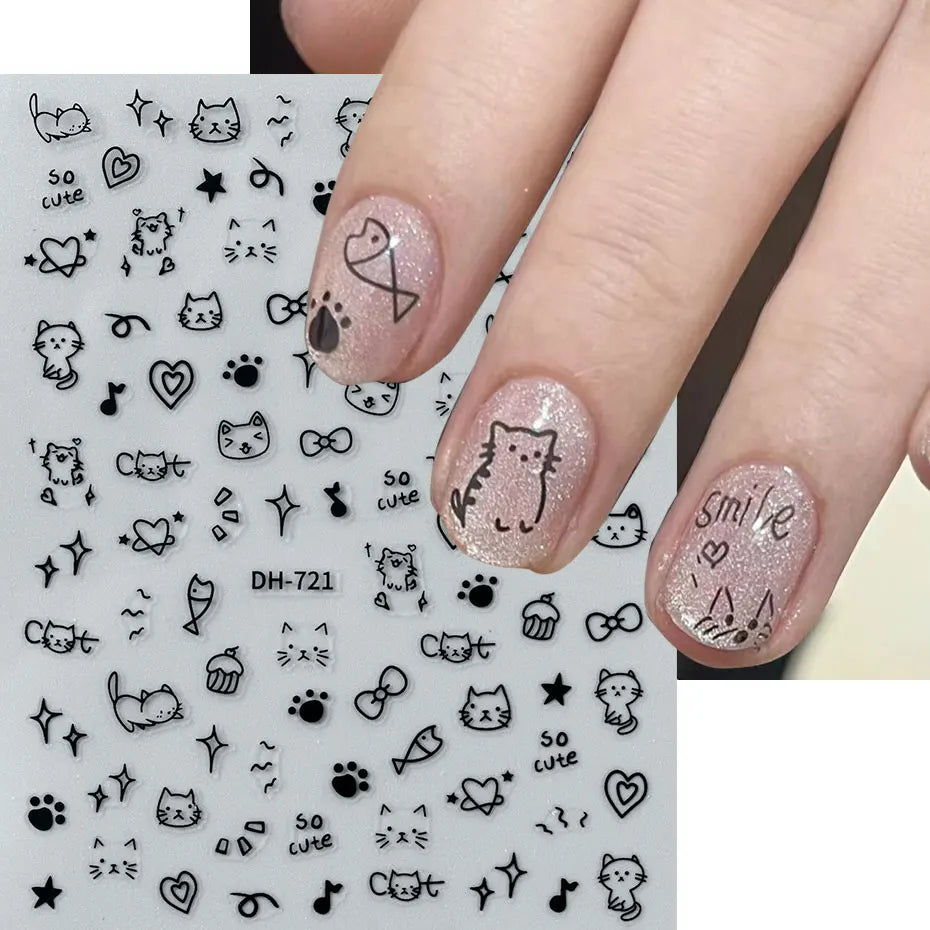 4pcs Cartoon Cute Cat Nail Art Sliders 3D Graffiti Dog Rabbit Heart Star Nail Sticker Kawaii Flower Butterfly Bow Manicure Decal