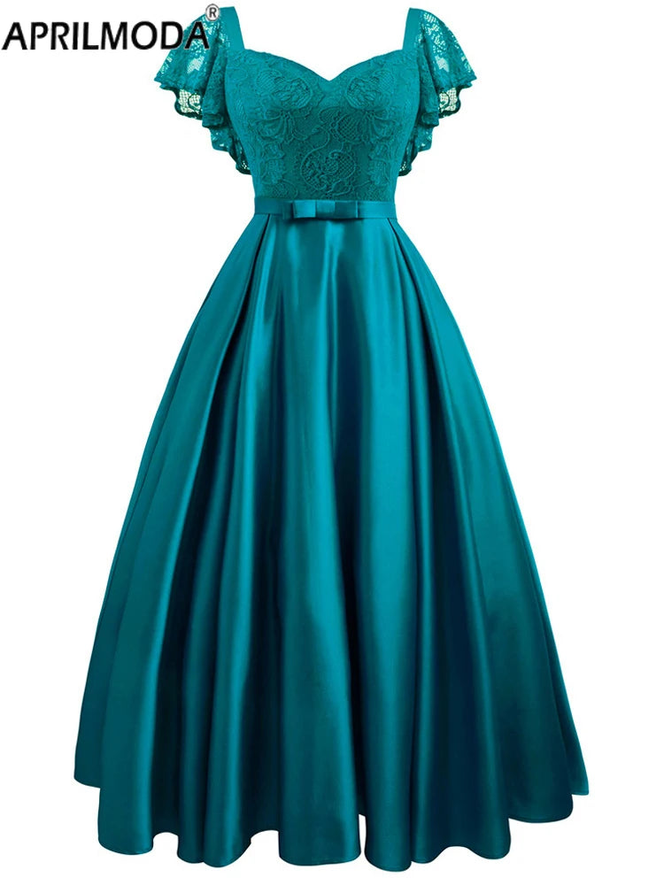 Elegant Gorgeous Pink turquoise Ruffle Sleeve Party Satin Long Dress Lace Prom Gowns Wedding Lady Autumn Evening Maxi Dresses