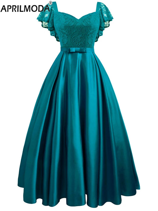 Elegant Gorgeous Pink turquoise Ruffle Sleeve Party Satin Long Dress Lace Prom Gowns Wedding Lady Autumn Evening Maxi Dresses